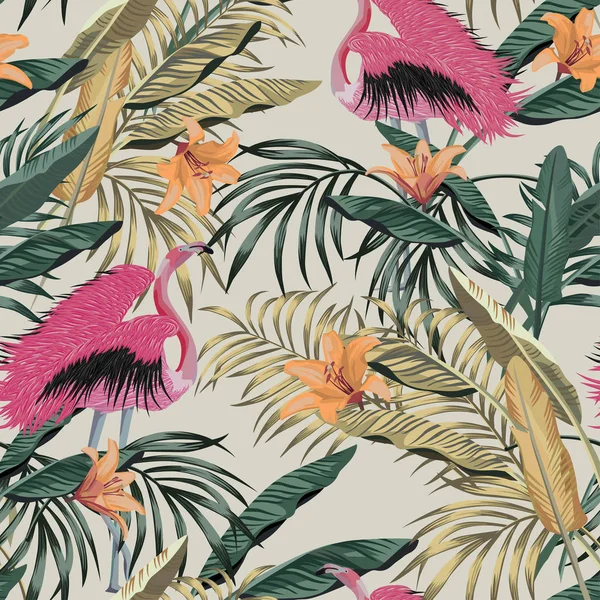 Exotic jungle illustration tropical plants pink flamingo seamles — ストックベクタ