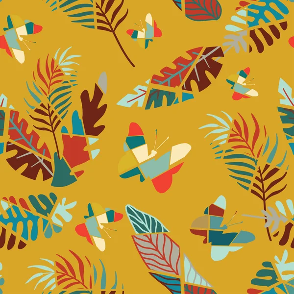 Dessin animé feuilles plates multicolores papillons sans couture jaune backg — Image vectorielle