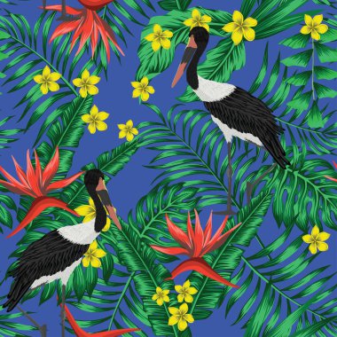 Gerçekçi vektör vinç tropikal orman mavi arkaplan