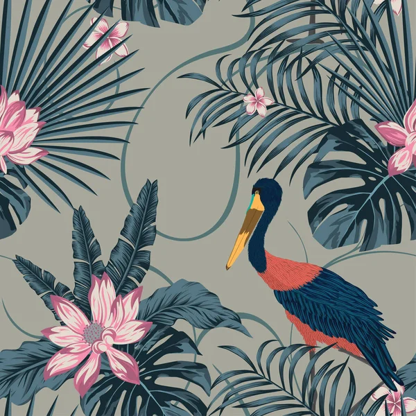 Jungle tropisch abstracte kleur ooievaar vogel naadloos — Stockvector
