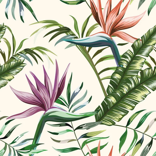 美丽多彩的热带异国花和绿色的棕榈 蕨叶在白色背景上无缝的病媒图案 泳滩夏季时尚图解 — 图库矢量图片