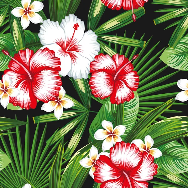 Mooie Rode Witte Exotische Tropische Bloemen Hibiscus Plumeria Frangipani Groene — Stockvector