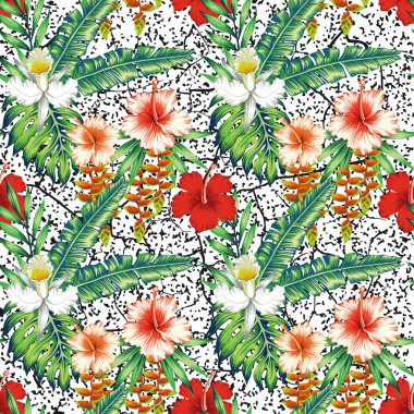 Ekzotik zambak, nilüfer çiçeği ve eğrelti otu, palmiye, muz, soyut siyah beyaz arkaplanda canavar yaprakları. Kumaş deseni tasarla, modaya uygun soyut duvar kağıdı..