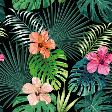 Tropikal palmiye, muz, canavar yaprakları ve gül, bej ve pembe arkaplan yeşil vektör tarzında desenli egzotik desenler. Hawaii tropik doğal çiçek duvar kâğıdı