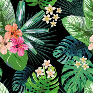 Palmiye, muz, canavar yaprakları ve yeşil vektör tarzında bir arkaplanda gül, bej ve pembe amber çiçeği. Hawaii tropik doğal çiçekli, dikişsiz duvar kağıdı.