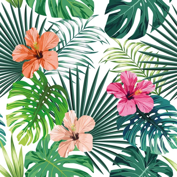 无缝隙异国情调图案 热带棕榈 扁桃叶和玫瑰 米黄色和粉红色芙蓉花 白色背景绿色病媒风格 夏威夷热带天然花卉壁纸 — 图库矢量图片