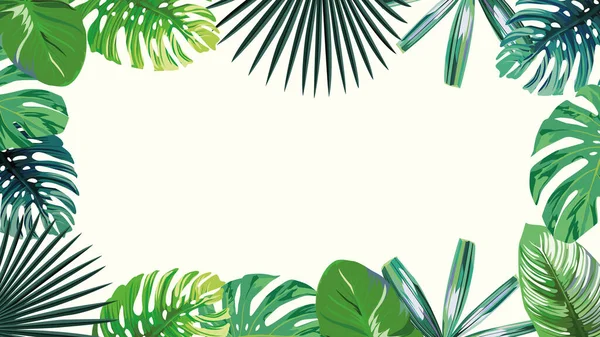 Högupplöst Gröna Blad Tropisk Botanisk Ram Exotiska Tapeter Vit Bakgrund — Stock vektor