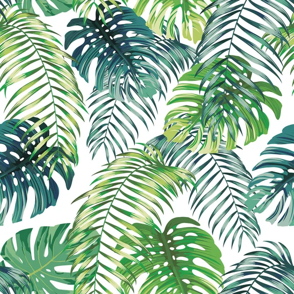 植物緑のシームレスなパターンは 白い背景にシダとモンスターを残します エキゾチックな壁紙のデザイン — ストックベクタ