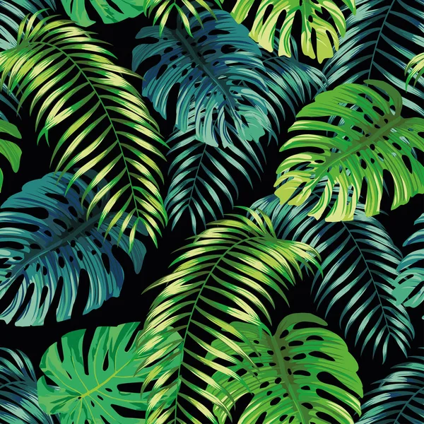 植物緑のシームレスなパターンは黒の背景にシダとモンスターを残します エキゾチックな壁紙のデザイン — ストックベクタ