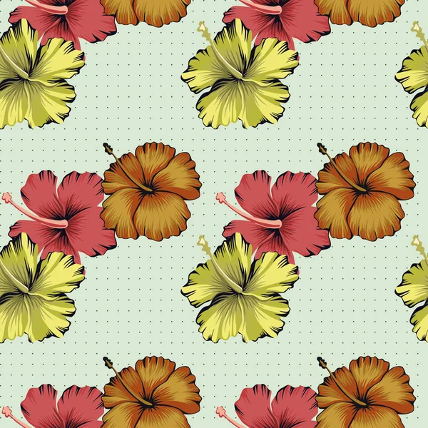 Noktaların Tropik Hibiscus Çiçekleri Kusursuz Vektör Desenli Arkaplanı — Stok Vektör