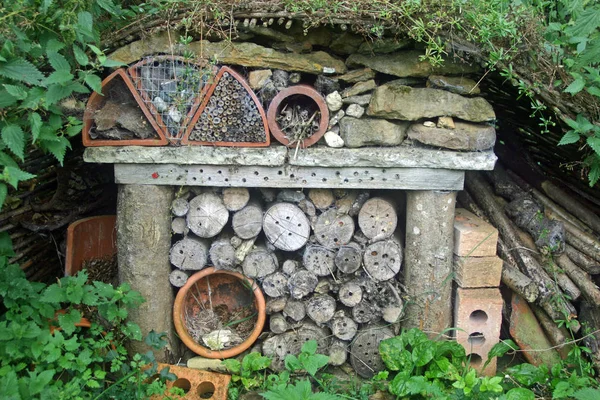 Bug hotel made from wood, logs, bricks, flower pots, bamboo canes, stones and dead wood in woodland.