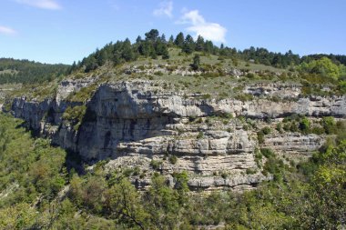 Güney alt Fransız Alpleri'nde Drome valley bölgesinde kayalık kireçtaşı burasıydı. Ağaçlar altında ve üstünde Vadisi'nde. Arka plan beyaz bulutlar ile mavi gökyüzünde.