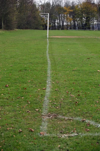 ゴールポストとゴールラインのピッチ不安定なサッカー 木の背景を持つコーナーから閲覧 — ストック写真