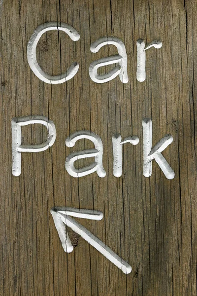 Rustic Car Park Directional Sign Routed Well Grained Wood White — Stock Photo, Image