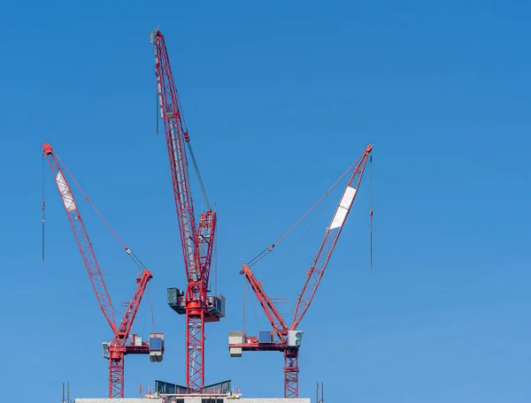 Múltiples grúas torre sobre una estructura de hormigón . — Foto de Stock