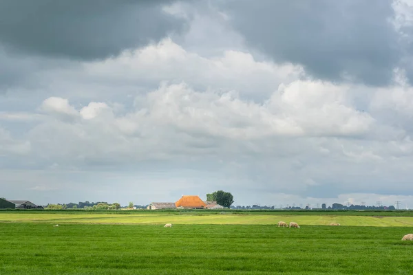 Dark clouds indicating a thunder storm above a rural landscape. In the distance farmer houses and trees are visible