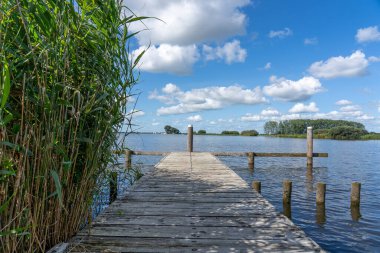 Tahtalardan yapılmış ahşap bir iskele bulutlu bir gökyüzünün altında bir gölün üzerinde oturur.