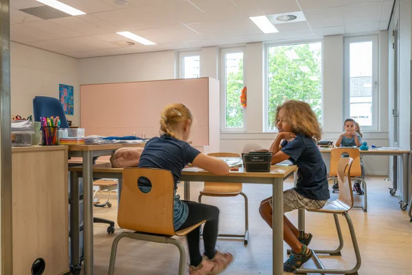 ARNHEM / NETHERLANDS - 28 AĞUSTOS 2020: İlkokuldaki çocuklar grup olarak çalışırlar. Modern bir okul binasındalar.