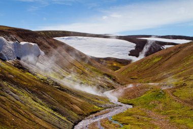 İzlanda dağ manzarası. Kaplıcalar ve volkanik dağlar Landmannalaugar geotermal. Laugavegur iz kısmı
