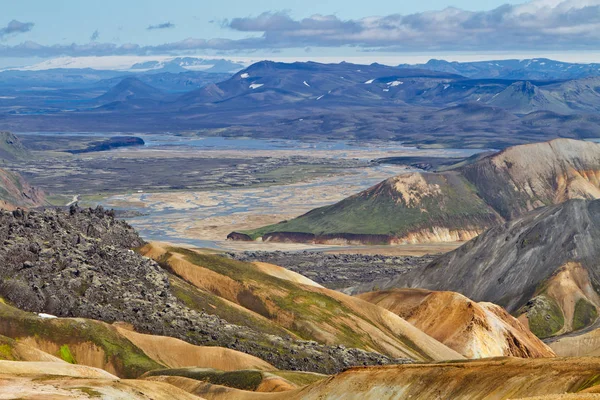 Islandzki Górskiego Krajobrazu Pola Lawy Wulkaniczne Góry Obszarze Geotermal Landmannalaugar — Zdjęcie stockowe