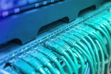 Hafif mavi yama kablosu Internet kablolar siyah anahtara bağlı