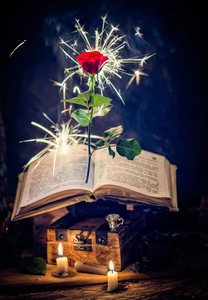 Fliegende Rose Mit Funkeln Und Altem Buch Magische Geschichte Stockfoto