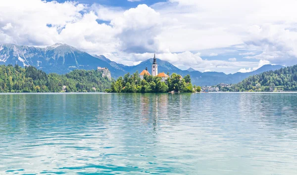 Summer Panorama Lake Bled Church Island Slovenia — Stock Photo, Image