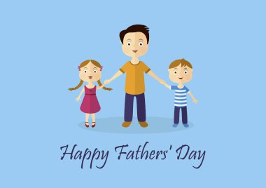 Mutlu babalar günü vektör. Babalar günü illüstrasyon. Baba ile oğlu ve kızı. Baba ve çocuk karakter karikatür