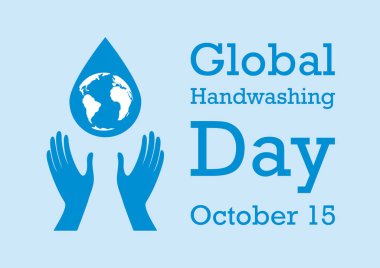 Küresel el yıkama gün vektör. Damla su ile palmiye. Dünya'ya elleriyle silüeti. Önemli gün