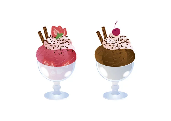 Schokolade Und Erdbeer Eisbecher Vektor Eisbecher Isoliert Auf Weißem Hintergrund — Stockvektor