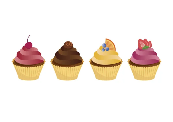 Cupcakes Icon Set Vektor Verschiedene Cupcake Cartoons Vier Cupcakes Isoliert — Stockvektor