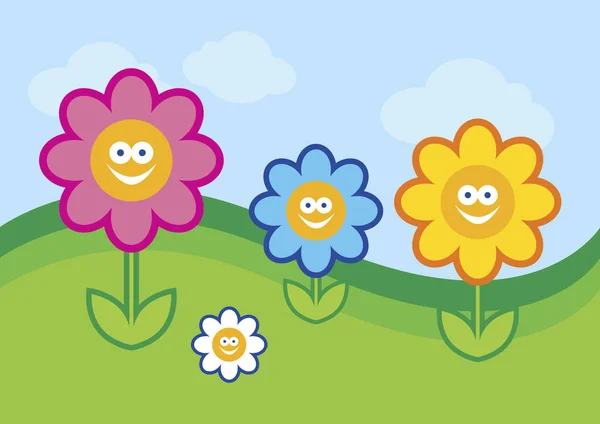 面白い花のベクトル図です 花の漫画のキャラクター 幸せなカラフルな花 草原のベクトルに狂気の花 — ストックベクタ