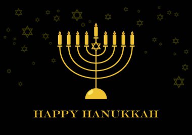 Mutlu altın Hanukkah menorah vektör. Siyah bir zemin üzerine altın şamdan. Mutlu Hanuka tebrik kartı. Yahudi Bayramı Hanuka. Yahudi yıldız düşüyor. Önemli gün