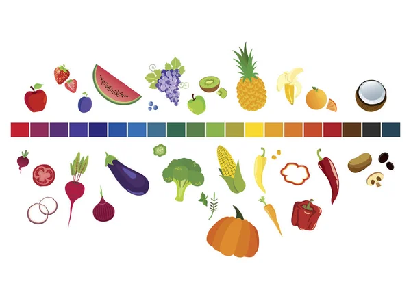 五颜六色的水果和蔬菜载体 色谱中的水果和蔬菜 水果和蔬菜图标集 五颜六色的食物收藏 颜色范围向量例证 — 图库矢量图片