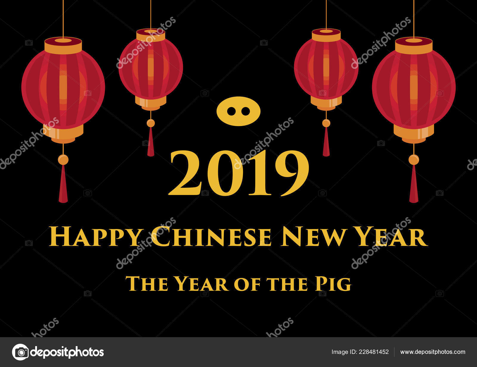 中国新年19猪向量年中国背景与灯笼向量美丽的红灯笼黑色背景上的红灯笼 图库矢量图像 C Betka