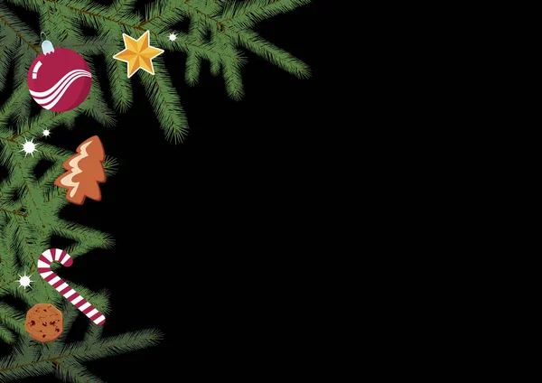 Різдвяні Прикраси Чорному Фоні Вектор Святковий Фон Пробілом Копіювання Тексту — стоковий вектор