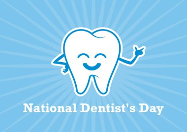 Ulusal dişçi günü vektör. Beyaz diş çizgi film. Sağlıklı diş vektör simgesi. Gülümseyen diş vektör çizim. 6 Mart, ulusal diş hekimleri günü. Önemli gün