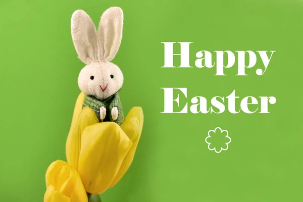 Happy Easter with bunny and yellow tulip illustration — Stock Photo, Image