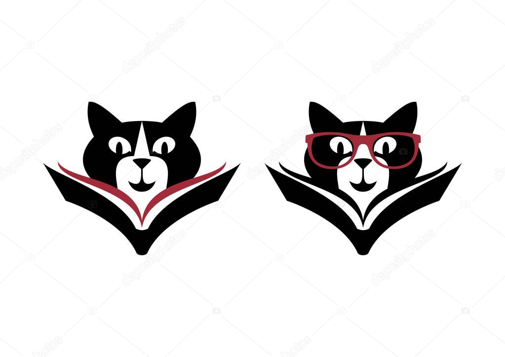 Cat reading book vector. Cat with glasses icon vector. Clever cat head icon set
