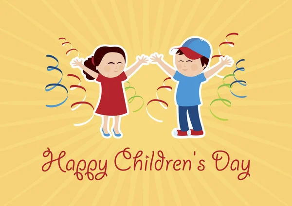 Feliz Dia das Crianças com um alegre vetor de menino e menina — Vetor de Stock