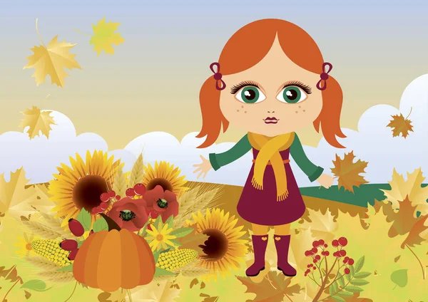 Niña en otoño vector de paisaje — Archivo Imágenes Vectoriales