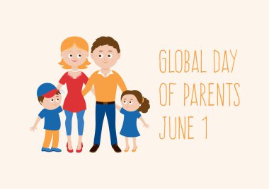 Genel Ebeveynler Günü vektörü. Baba, anne ve çocuk vektörü. Güzel bir aile vektörü. Mutlu ebeveynler ve çocuk çizgi film karakteri. Çocuk vektörüne aşık bir çift. Ebeveyn Günü Posteri, 1 Haziran. Önemli bir gün.