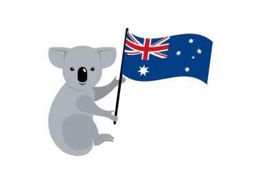 Avustralya bayrak ikon vektörlü Koala. Beyaz arkaplanda şirin bir koala simgesi var. Avustralya bayraklı çizgi film karakteri olan sevimli bir koala. Avustralya hayvan sembolü