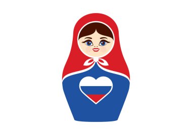 Matryoshka russian doll icon vector. Matryoshka in the national colors vector. Russian nesting doll with russian flag in heart shape vector. Matryoshka babushka icon isolated on a white background clipart