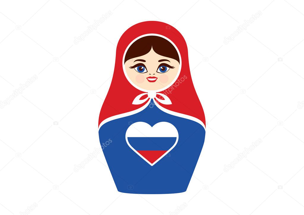 Matryoshka russian doll icon vector. Matryoshka in the national colors vector. Russian nesting doll with russian flag in heart shape vector. Matryoshka babushka icon isolated on a white background