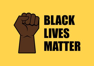 Siyahların Yaşamları Önemlidir yazıtları, sıkılmış yumruk vektörüyle kaldırılmış el yazısı. Sarı arka planda izole edilmiş Afro-Amerikan yumruk ikonu. Siyah sıkılmış yumruk simgesi. Protesto vektöründe yükselen yumruk