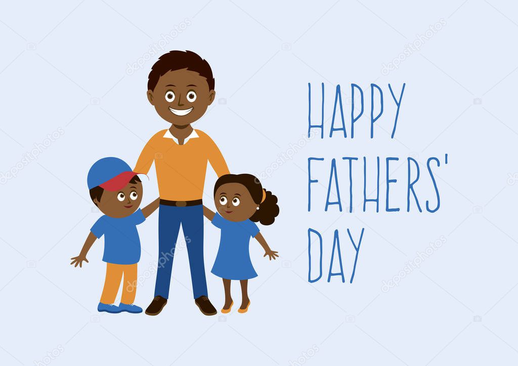 Happy Fathers' Day with happy african american family vector. Cheerful dad with children vector. Happy african american family icon. Black father with son and daughter vector. Happy dad with kids cartoon character. Important day
