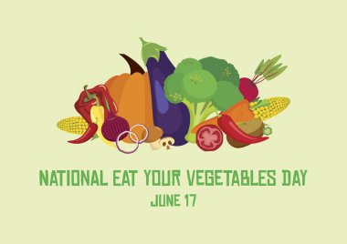 Ulusal Sebzelerinizi Yiyin Günü vektörü. Farklı sebze vektörleri. Sebze yığını vektörü. Sebze Günü Posterini Ye, 17 Haziran. Önemli bir gün.