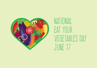 Ulusal Sebzelerinizi Yiyin Günü vektörü. Sebze kalp şekli ikon vektörü. Farklı sebze vektörleri. Kalp şeklinde sebzeler. Sebze Günü Posterini Ye, 17 Haziran. Önemli bir gün.