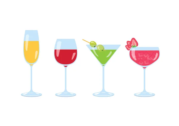 不同类型的酒精饮料和眼镜图标向量 不同类型的酒精眼镜图标隔离在白色背景上 马提尼和草莓奶昔 — 图库矢量图片